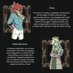  1920s_(style) 1boy 1girl blue_shirt coat crossed_arms english_text fluorart green_hair grey_coat hand_on_own_chin highres long_hair multicolored_hair one_eye_covered original pants pokemon pokemon_(game) pokemon_legends:_arceus redhead shirt smile two-tone_hair upper_body white_pants 