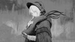 1girl artist_name bangs bloodborne closed_eyes closed_mouth creature doll_joints fingerless_gloves flower from_side gloves gradient gradient_background greyscale hat hat_flower highres hug joints l_aciel long_sleeves monochrome parted_bangs plain_doll short_hair slug solo upper_body web_address 