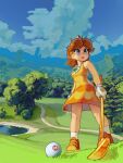  1girl :o absurdres ball blue_eyes breasts brown_hair clouds crown dress english_commentary eyebrows_visible_through_hair fingerless_gloves full_body gloves golf_ball golf_club highres holding holding_golf_club looking_away mario_golf open_mouth outdoors pond princess_daisy short_hair sky solo standing super_mario_bros. trail tree white_gloves wormwash 