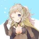  1girl alternate_hairstyle asymmetrical_bangs bangs blonde_hair bodystocking breasts bridal_gauntlets cape circlet fire_emblem fire_emblem_fates grey_eyes large_breasts looking_at_viewer ophelia_(fire_emblem) pantyhose ponytail sanoyo_fe solo tongue tongue_out turtleneck upper_body 