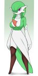  1girl absurdres alternate_eye_color arms_at_sides bangs black_legwear bob_cut breasts clothed_pokemon collarbone colored_skin earclip elbow_gloves full_body gardevoir gloves gradient gradient_background green_background green_hair green_skin hair_over_one_eye happy highres large_breasts looking_at_viewer mole mole_on_breast multicolored_skin naga_no_chahua_hui one_eye_covered parted_lips pillarboxed pokemon pokemon_(creature) short_hair simple_background smile solo standing teeth thigh-highs two-tone_skin violet_eyes white_gloves white_skin 