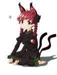  1girl :o ahoge animal_ears barefoot blush bow braid cat_ears cat_tail dress extra_ears hair_bow juliet_sleeves kaenbyou_rin long_sleeves looking_at_viewer multiple_tails nekomata open_mouth polpol puffy_sleeves red_eyes redhead simple_background sitting solo tail toes touhou twin_braids white_background 
