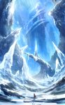  1other blowing cape cold commentary_request day fantasy footprints frozen highres horizon ice icicle j.taneda mountain mountainous_horizon original outdoors red_cape scenery sky snow snowflakes snowing sunlight walking wind winter winter_clothes 