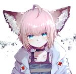  1girl ahoge animal_ear_fluff animal_ears arknights bangs black_choker blue_eyes blue_shirt blush choker closed_mouth collarbone commentary_request eyebrows_visible_through_hair fox_ears hair_between_eyes highres jacket kesuk0 looking_at_viewer open_clothes open_jacket pink_hair shirt simple_background solo sussurro_(arknights) upper_body white_background white_jacket 