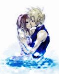  1boy 1girl aerith_gainsborough armor_removed bangs bare_arms blonde_hair braid braided_ponytail brown_hair cloud_strife couple crying dress final_fantasy final_fantasy_vii hair_ribbon hana_(interstice) jacket jacket_removed parted_bangs partially_submerged pink_dress ribbon sleeveless sleeveless_turtleneck spiky_hair square_enix tears turtleneck upper_body water 