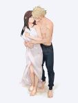  1boy 1girl barefoot bed_sheet blonde_hair brown_hair closed_eyes cloud_strife feet final_fantasy final_fantasy_vii final_fantasy_vii_remake full_body highres hug hug_from_behind long_hair maiii_(smaii_i) pants scar simple_background smile spiky_hair tifa_lockhart topless_male 