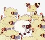  akadako ampharos animal_focus blush blush_stickers braid cattail chin_stroking colored_sclera commentary_request forehead_jewel full_body gem grey_background grey_outline hands_up happy holding horizontal_pupils light_blush mareep no_humans odd_one_out open_mouth partial_commentary plant pokemon pokemon_(creature) red_gemstone sheep simple_background smile standing twin_braids white_eyes wooloo yellow_sclera yellow_theme 