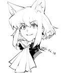  1boy androgynous animal_ears cat_boy cat_ears collared_shirt dated eyebrows_visible_through_hair eyes_visible_through_hair greyscale hanezo highres lio_fotia male_focus monochrome portrait promare shirt short_hair sidelocks simple_background smile solo white_background 
