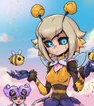  2girls :d animal antennae bangs bee black_sclera blonde_hair blue_eyes breasts bug character_request closed_mouth colored_sclera crop_top day fur_trim league_of_legends medium_breasts medium_hair multiple_girls orbeeanna orianna_(league_of_legends) outdoors phantom_ix_row pink_hair short_hair smile solo_focus tank_top upper_body wings yellow_tank_top 