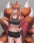  1girl abs animal_ear_fluff animal_ears black_shorts black_sports_bra breasts brown_hair clenched_hand commission dated_commentary dolphin_shorts ear_piercing fingernails fox_ears fox_girl fox_tail hair_between_eyes hair_ornament hair_stick highres hunyan kitsune kyuubi large_breasts large_tail long_hair midriff multiple_tails navel off_shoulder open_clothes open_robe orange_eyes original piercing ponytail red_robe robe shorts sidelocks solo sports_bra standing tail white_tail 