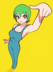  1girl bangs breasts brown_eyes closed_mouth english_commentary foo_fighters full_body green_hair green_lips highres jeff_miga jojo_no_kimyou_na_bouken legs_together lipstick looking_at_viewer makeup medium_breasts overalls pointing pointing_down short_hair smile solo standing yellow_background 