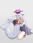  1girl absurdres ahoge blue_archive blush bvb233 closed_mouth halo highres hina_(blue_archive) horns innertube kneeling legs name_tag one-piece_swimsuit sandals school_swimsuit see-through simple_background solo swimsuit thighs violet_eyes white_background white_hair wings 