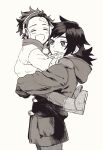 2boys :d ^_^ ankle_boots bangs boots carrying child closed_eyes contemporary cowboy_shot earmuffs facing_viewer from_side gloves hand_on_another&#039;s_shoulder hooded_coat kamado_tanjirou kimetsu_no_yaiba komisashi long_hair long_sleeves looking_afar male_focus monochrome multiple_boys open_mouth pants pocket scar scar_on_face scar_on_forehead scarf short_hair simple_background smile swept_bangs toggles tomioka_giyuu winter_clothes younger 