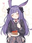  1girl :t animal_ears arknights bangs black_bow black_legwear black_shirt blush bow brown_background cake cake_slice closed_eyes closed_mouth commentary ear_piercing eating eyebrows_visible_through_hair facing_viewer feet_out_of_frame food fork hair_bow heart highres holding holding_fork holding_plate knees_together_feet_apart long_hair meng_xue_necky piercing plate purple_hair rabbit_ears rope_(arknights) shirt simple_background solo sparkle symbol-only_commentary thigh-highs very_long_hair 