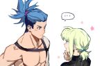 ... 2boys androgynous blue_eyes blue_hair blush collarbone galo_thymos green_hair hanezo lio_fotia looking_at_another male_focus multiple_boys muscular muscular_male pectorals ponytail promare short_hair sidecut sidelocks simple_background speech_bubble topless_male white_background 