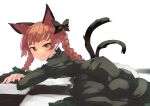  1girl animal_ears barefoot bow braid cat_ears cat_tail dress extra_ears foot_out_of_frame kaenbyou_rin long_hair looking_at_viewer lying multiple_tails nekomata on_side polpol red_eyes redhead simple_background smile solo tail touhou twin_braids twisted_torso white_background 