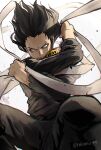  1boy black_hair black_pants black_shirt boku_no_hero_academia clenched_hands crossed_arms eraser_head_(boku_no_hero_academia) facial_hair from_below highres holding holding_clothes holding_scarf long_sleeves looking_at_viewer male_focus nakamu_405 pants red_eyes scarf shirt solo stubble twitter_username v-shaped_eyebrows white_background 