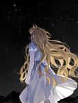  1girl arms_at_sides bangs bare_arms blonde_hair facing_up floating_hair from_behind from_below highres long_hair mountainous_horizon original saldong shooting_star short_sleeves sky solo standing star_(sky) stargazing starry_sky symbol-only_commentary upskirt very_long_hair 