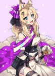  1girl animal_ear_fluff animal_ears aqua_eyes arknights belt blonde_hair bow dated dress gloves hair_bow hand_on_hilt horse_ears horse_girl long_hair looking_at_viewer nishi_juuji official_alternate_costume open_mouth pink_background ponytail purple_bow sitting smile sword weapon whislash_(arknights) whislash_(glory_purple)_(arknights) white_gloves 