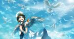  1girl :d angel_wings animal animal_hug bird black_bird blue_sky blurry bokeh brown_eyes brown_hair chromatic_aberration commentary_request day depth_of_field dress feathered_wings flock from_below haibane_renmei halo hbsprout highres holding holding_animal holding_bird lens_flare light_rays open_mouth orange_sailor_collar rakka_(haibane) sailor_collar short_hair sky smile solo sunlight teeth upper_body upper_teeth white_bird white_dress white_wings wings 