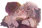  1boy 1girl alter_ego_malevolent_(granblue_fantasy) belial_(granblue_fantasy) black_hair bracelet djeeta_(granblue_fantasy) french_kiss granblue_fantasy hair_ornament hand_in_another&#039;s_hair hetero highres jewelry kiss mokimi official_alternate_costume red_eyes simple_background tongue tongue_out upper_body white_background white_hair 