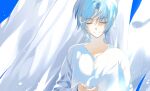  1girl bangs blanket blue_hair blue_sky blue_theme closed_eyes closed_mouth day facing_viewer feathers hospital_gown laundry light_particles long_sleeves original partially_unbuttoned saldong short_hair sky smile solo upper_body wind 