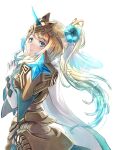  1girl absurdres alternate_costume alternate_hair_length alternate_hairstyle armor armored_dress bangs blonde_hair blue_hair blush cape clear_glass_(mildmild1311) closed_mouth commentary_request dress eyebrows_visible_through_hair fingers_together fire_emblem fire_emblem_heroes fjorm_(fire_emblem) flower gloves gold_trim gradient gradient_hair hair_flower hair_ornament hands_up highres jewelry long_hair looking_at_viewer multicolored_hair official_alternate_costume ponytail shiny shiny_hair shoulder_armor simple_background smile solo tiara tied_hair two-tone_hair 