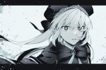  1girl beret bow cape fate/grand_order fate_(series) hat highres letterboxed long_hair monochrome nuso parted_lips portrait tonelico_(fate) wind 