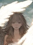  1girl absurdres angel angel_wings bangs blue_sky closed_mouth clouds cloudy_sky collarbone commentary_request crying eyebrows_behind_hair feathered_wings grey_eyes highres light_blush light_brown_hair lips long_hair looking_at_viewer nude original sky solo sunlight tayumeru tears upper_body wings 