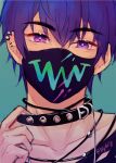 1boy artist_name bangs black_choker choker close-up earrings green_background highres jewelry lilydally looking_at_viewer marius_von_hagen_(tears_of_themis) mask mouth_mask purple_hair short_hair single_earring solo tears_of_themis twitter_username violet_eyes 