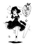  1girl animal_ears black_hair carrot_necklace dress floppy_ears frilled_dress frilled_sleeves frills hammer highres inaba_tewi jewelry kine mallet monochrome pendant puffy_short_sleeves puffy_sleeves rabbit_ears ribbon-trimmed_dress short_hair short_sleeves simple_background solo tanasuke touhou wavy_hair white_background 