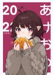  1girl 2022 absurdres ahoge aran_sweater bangs blush brown_hair copyright_request eating eyebrows_visible_through_hair food grey_background grey_sweater hands_up hayate_fish heart_ahoge highres holding holding_food long_sleeves looking_at_viewer pointy_ears puffy_long_sleeves puffy_sleeves red_background red_eyes short_eyebrows sleeves_past_wrists solo steam sweater taiyaki thick_eyebrows translation_request turtleneck turtleneck_sweater two-tone_background wagashi 
