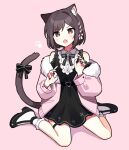  1girl animal_ear_fluff animal_ears bangs black_bow black_dress black_footwear black_nails bob_cut bobby_socks bow braid brown_eyes brown_hair cat_ears cat_girl cat_tail claw_pose clothing_cutout commentary cross cross_print dress fur-trimmed_jacket fur_trim hair_bow heart_o-ring jacket kemonomimi_mode latin_cross long_sleeves o-ring_belt paw_print pink_background pink_bow pink_jacket pink_ribbon project_sekai ribbon ribbon_braid shinonome_ena shoes short_hair shoulder_cutout simple_background sitting socks solo tail tail_bow tail_ornament thigh_strap waka_(wk4444) wariza white_legwear 