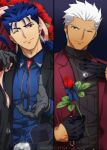  2boys akujiki59 archer_(fate) belt blue_hair bouquet box coat collared_shirt cu_chulainn_(fate) cu_chulainn_(fate/stay_night) ear_piercing earrings fate/stay_night fate_(series) flower formal gloves grey_eyes jewelry looking_at_viewer male_focus manly multiple_boys one_eye_closed open_clothes open_coat piercing ponytail red_eyes ring rose shirt slit_pupils smile spiky_hair stud_earrings suit sweater tan turtleneck turtleneck_sweater upper_body white_hair 