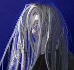  1girl black_sweater blue_background blue_pupils commentary english_commentary grey_eyes long_hair no_mouth one_eye_closed original saniiiwan simple_background sweater white_hair 