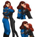  2girls alternate_universe belt black_bodysuit black_widow blue_bodysuit bodysuit breasts brown_eyes brown_gloves brown_hair captain_carter closed_eyes fingerless_gloves flick-the-thief gloves hand_on_another&#039;s_face height_difference highres hug kiss large_breasts lipstick long_hair makeup marvel marvel_cinematic_universe medium_breasts multiple_girls muscular muscular_female natasha_romanoff peggy_carter red_lips redhead size_difference superhero surprise_kiss surprised what_if_(disney+) wide-eyed yuri 