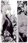  1girl bangs black_background black_sweater commentary english_commentary flower grey_eyes highres lily_(flower) long_bangs long_hair looking_at_viewer original parted_lips sweater syalgu white_background white_flower white_hair 