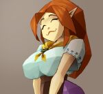  1girl absurdres bangs brown_background brown_hair brown_skirt english_commentary hair_behind_ear head_tilt highres inker_comics malon neckerchief pantyhose parted_bangs pointy_ears purple_legwear skirt solo the_legend_of_zelda the_legend_of_zelda:_ocarina_of_time upper_body yellow_neckerchief 
