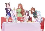  6+girls book brown_hair cake casual chess_piece chessboard closed_eyes commentary_request food long_hair mejiro_ardan_(umamusume) mejiro_bright_(umamusume) mejiro_dober_(umamusume) mejiro_mcqueen_(umamusume) mejiro_palmer_(umamusume) mejiro_ryan_(umamusume) multiple_girls purple_hair reading romi_(346_ura) short_hair simple_background sitting smile tea umamusume violet_eyes white_background 