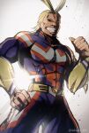  1boy abs all_might antenna_hair backlighting blonde_hair blue_bodysuit bodysuit boku_no_hero_academia covered_eyes grin hair_slicked_back hand_on_hip highres male_focus muscular muscular_male nakamu_405 pectorals skin_tight smile solo teeth thumbs_up twitter_username white_background 