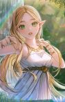  1girl absurdres blonde_hair breasts day dress green_eyes hand_up highres long_hair outdoors parted_lips pointy_ears princess_zelda small_breasts solo sunlight tamaki599 the_legend_of_zelda the_legend_of_zelda:_breath_of_the_wild tree upper_body water waterfall wet white_dress 