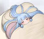  1girl absurdres bed bed_sheet blue_eyes blue_hair blush chroong genshin_impact hair_ribbon highres hime_cut kamisato_ayaka looking_at_viewer lying mole mole_under_eye on_back on_bed pillow red_ribbon ribbon sidelocks smile solo 