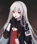  1girl :d arknights bangs black_gloves black_jacket blood braid commentary_request crown_braid dress eyebrows_visible_through_hair fangs gloves grey_hair hair_between_eyes hand_up highres jacket kokao358 long_hair long_sleeves looking_at_viewer open_clothes open_jacket pointy_ears puffy_long_sleeves puffy_sleeves red_dress red_eyes smile solo very_long_hair warfarin_(arknights) 