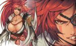  1girl absurdres baiken bangs blurry blurry_background breasts collarbone commentary eyepatch facial_mark forehead_mark guilty_gear guilty_gear_strive highres holding holding_weapon japanese_clothes katana large_breasts lips long_hair looking_at_viewer multiple_views obi parted_lips ponytail red_eyes redhead sash scar scar_across_eye shimetsukage shiny shiny_skin simple_background smile solo sword teeth tied_hair weapon 