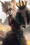  1boy bakugou_katsuki black_pants blonde_hair boku_no_hero_academia clenched_hand clenched_teeth explosion explosive fire gloves green_belt green_gloves grenade highres male_focus mask nakamu_405 pants red_eyes smoke solo spiky_hair teeth white_background 