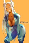  1girl absurdres animal_ear_fluff animal_ears blue_bodysuit bodysuit boku_no_hero_academia breasts cosplay covered_navel dark-skinned_female dark_skin forehead grin hands_on_own_thighs highres koshio large_breasts leaning_forward long_eyelashes long_hair looking_at_viewer metroid mirko no_bra orange_background plunging_neckline rabbit_ears rabbit_girl red_eyes samus_aran samus_aran_(cosplay) silver_hair skin_tight smile solo very_long_hair zero_suit 