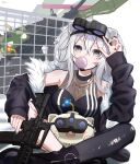  1girl absurdres animal_ears assault_rifle bakujeeh_(user_emgg5835) black_footwear black_legwear boots breasts chewing_gum fur_trim goggles grey_eyes grey_hair gun halter_top halterneck head_tilt highres holding holding_gun holding_weapon hololive lion_ears lion_girl long_hair looking_at_viewer medium_breasts off_shoulder pantyhose rifle rocket_launcher shishiro_botan single_leg_pantyhose solo ssrb submachine_gun torn_clothes torn_legwear virtual_youtuber weapon 