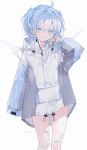  1girl absurdres ahoge bandaid bandaid_on_hand bandaid_on_knee bandaid_on_leg bandaid_on_thigh bangs blue_eyes blue_hair blush commentary_request cowboy_shot crossed_bandaids demon_wings grey_hoodie hair_intakes hair_ornament hairclip highres hood hoodie long_hair long_sleeves looking_at_viewer original parted_lips si10ra solo two_side_up wings x_hair_ornament 