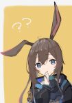  1girl :o ? ?? ahoge amiya_(arknights) animal_ears arknights asususususu bangs black_jacket blue_eyes brown_background brown_hair eyebrows_visible_through_hair grey_background hair_between_eyes hand_up highres hood hood_down hooded_jacket jacket long_hair long_sleeves looking_at_viewer open_clothes open_jacket parted_lips puffy_long_sleeves puffy_sleeves rabbit_ears shirt sidelocks solo two-tone_background white_shirt 