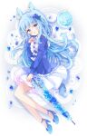  1girl :d absurdres animal_ear_fluff animal_ears blue_eyes blue_flower blue_footwear blue_hair blue_shirt blush braid commentary flower from_side full_body hair_flower hair_ornament hand_up high_heels highres long_hair long_sleeves looking_at_viewer looking_to_the_side orb original pleated_skirt shirt shoes skirt sleeves_past_wrists smile solo symbol-only_commentary transparent transparent_umbrella tsukiyo_(skymint) umbrella very_long_hair water white_skirt 